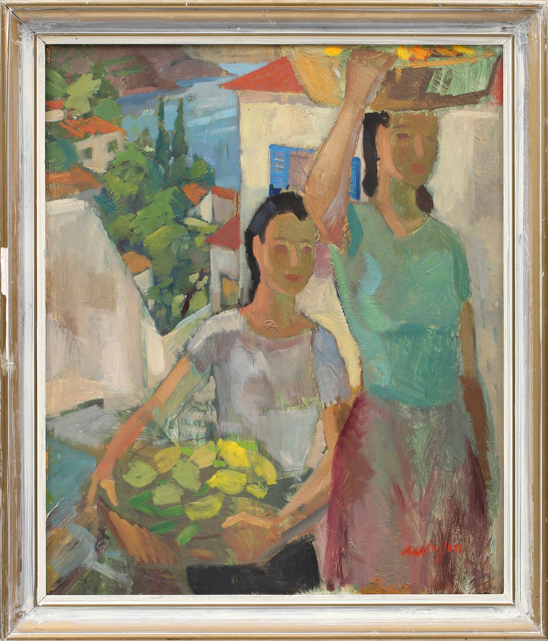 AXEL OLSSON. Kvinnor bär hem frukt, olja på pannå, signerad.