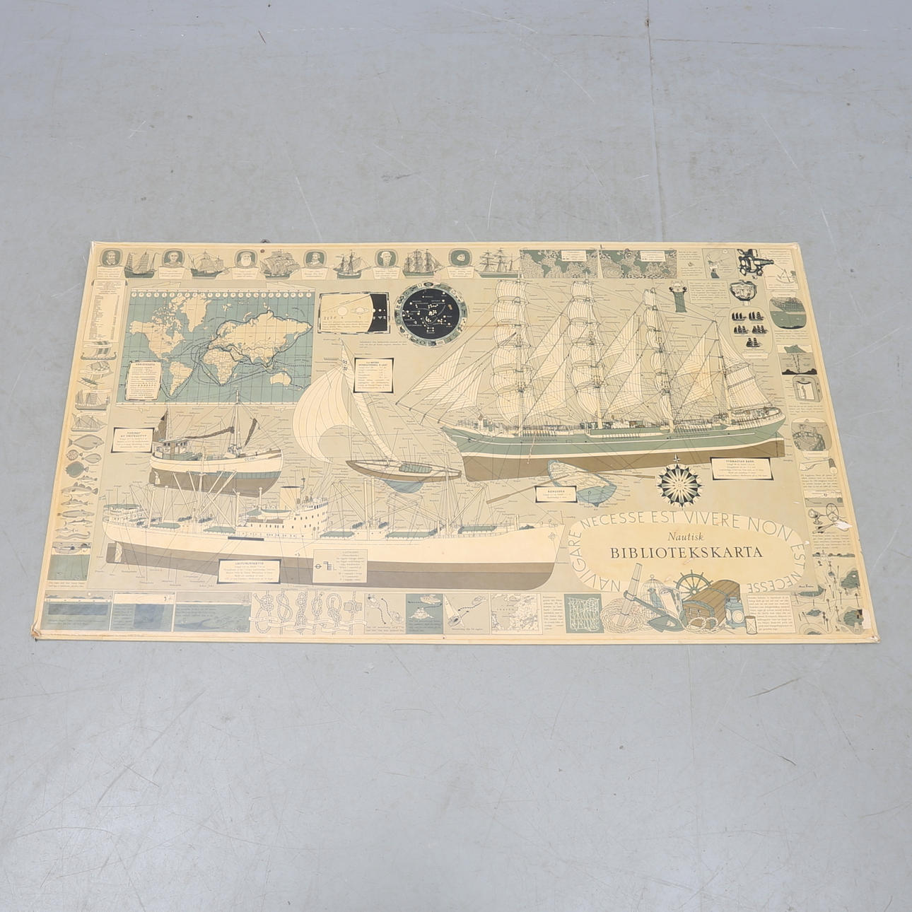 SKOLKARTA, "Nautisk bibliotekskarta", Tre Tryckare, Göteborg, 1900-talets mitt.