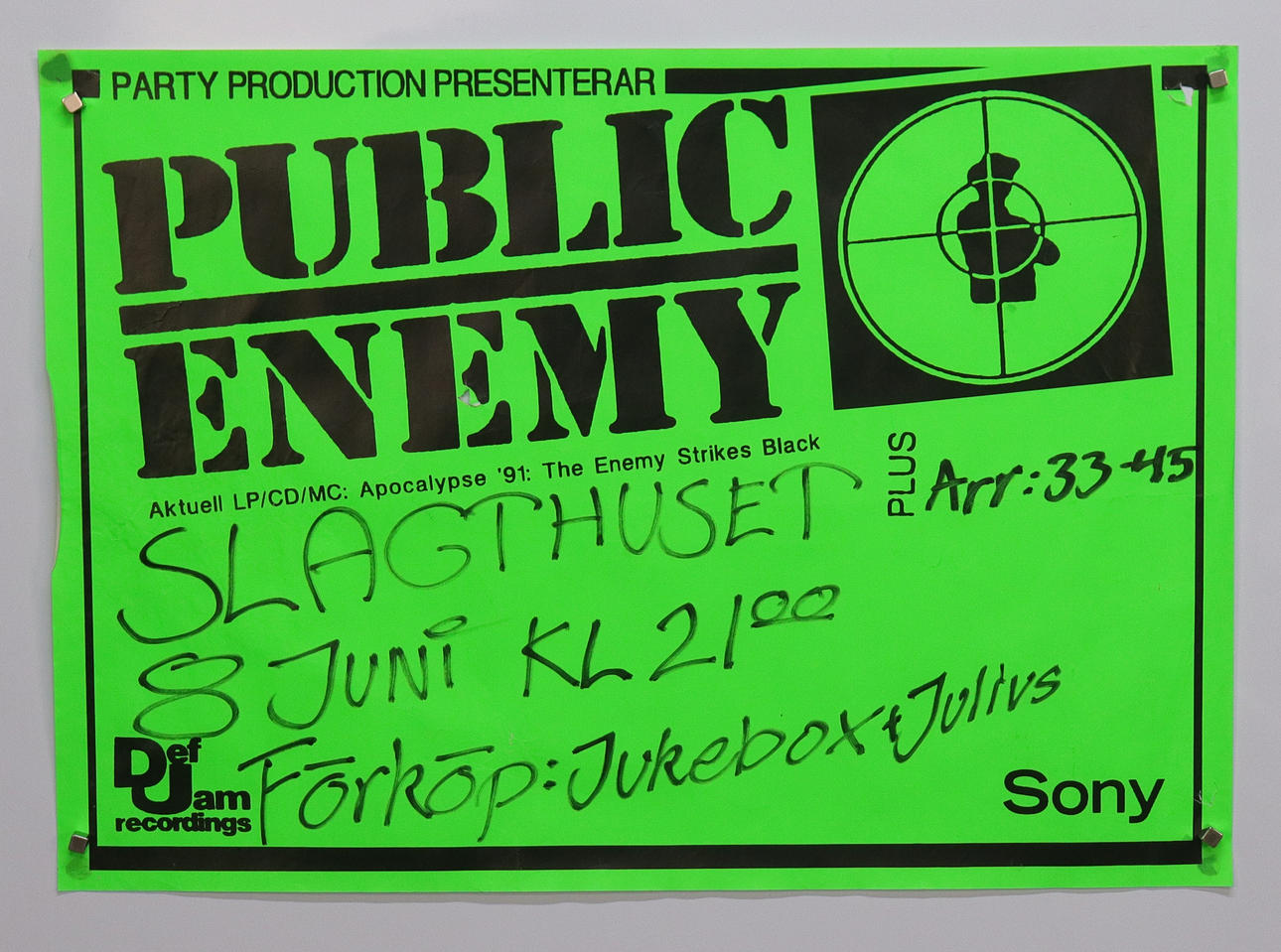 PUBLIC ENEMY, konsertaffisch för Apocalypse 91... The Enemy Strikes Black, Slakthuset i Malmö Juni 1991.