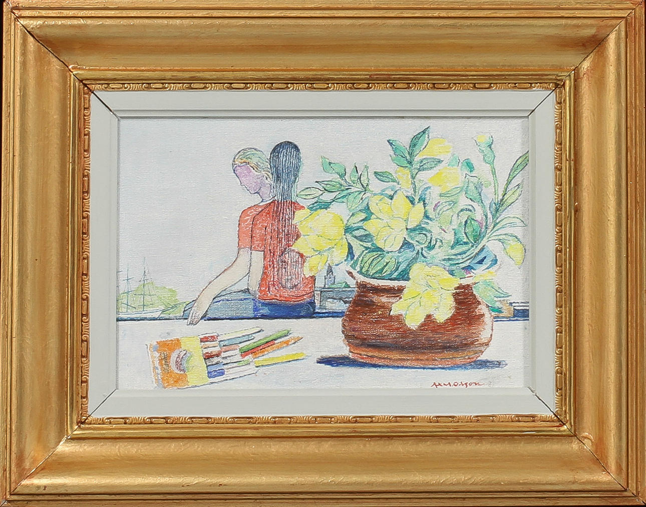 AXEL OLSON. Komposition med blommor i kruka och figurer. Olja på duk, signerad.