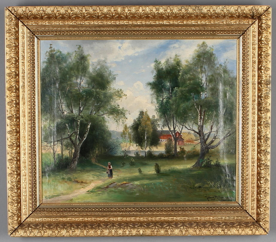 JOHNNY MILLAR. Landskap med hus, olja på duk, signerad och daterad 1893 Marieberg.