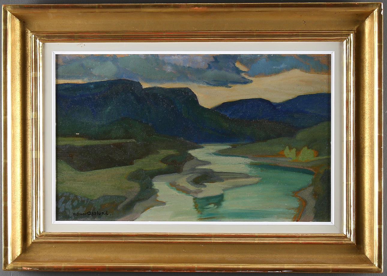 HELMER OSSLUND. "Afton vid Indalsälven", olja på smörpapper uppfordrad på pannå, signerad.