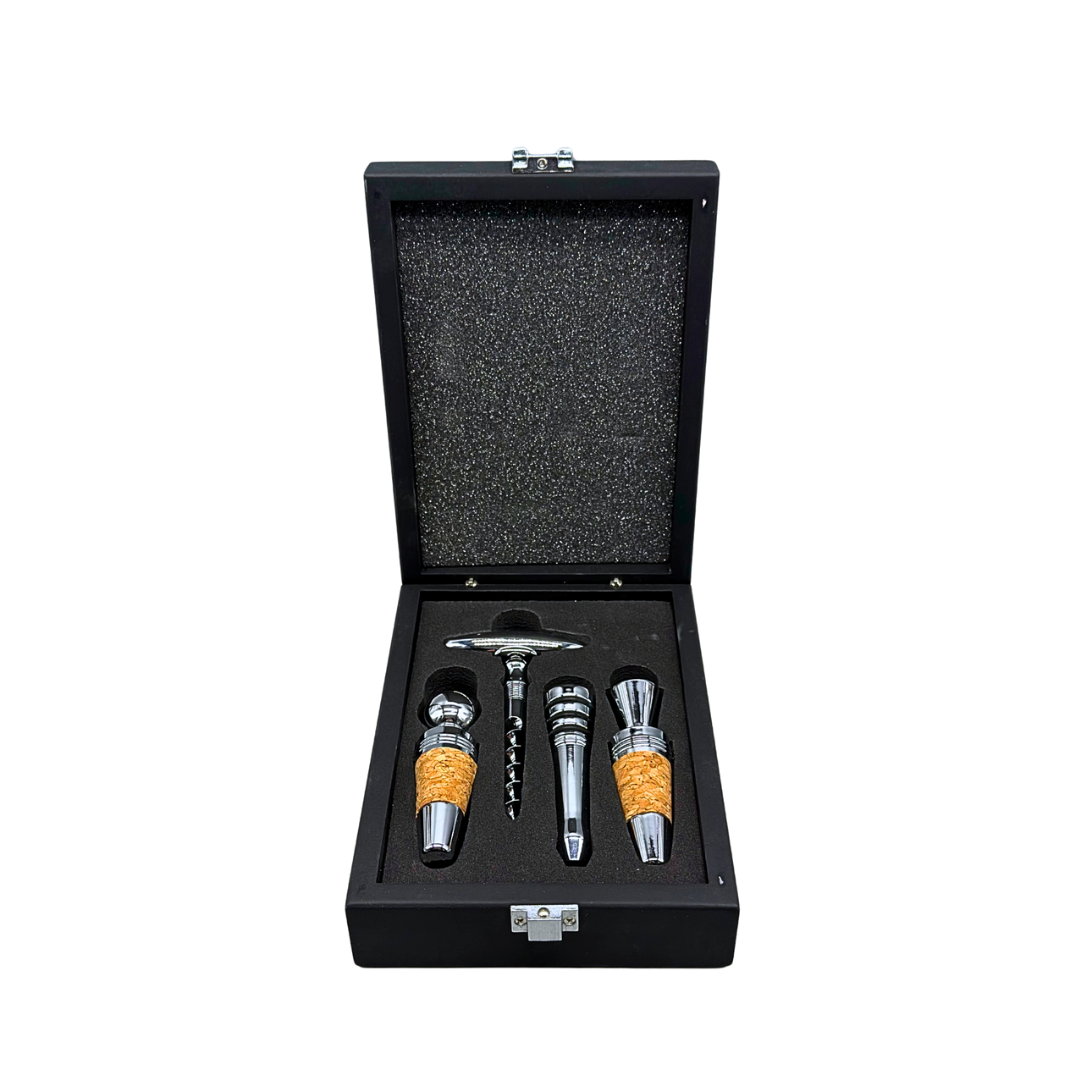 AXMANN FOUR-PIECE CORKSCREW SET IN A BLACK STORAGE BOX.