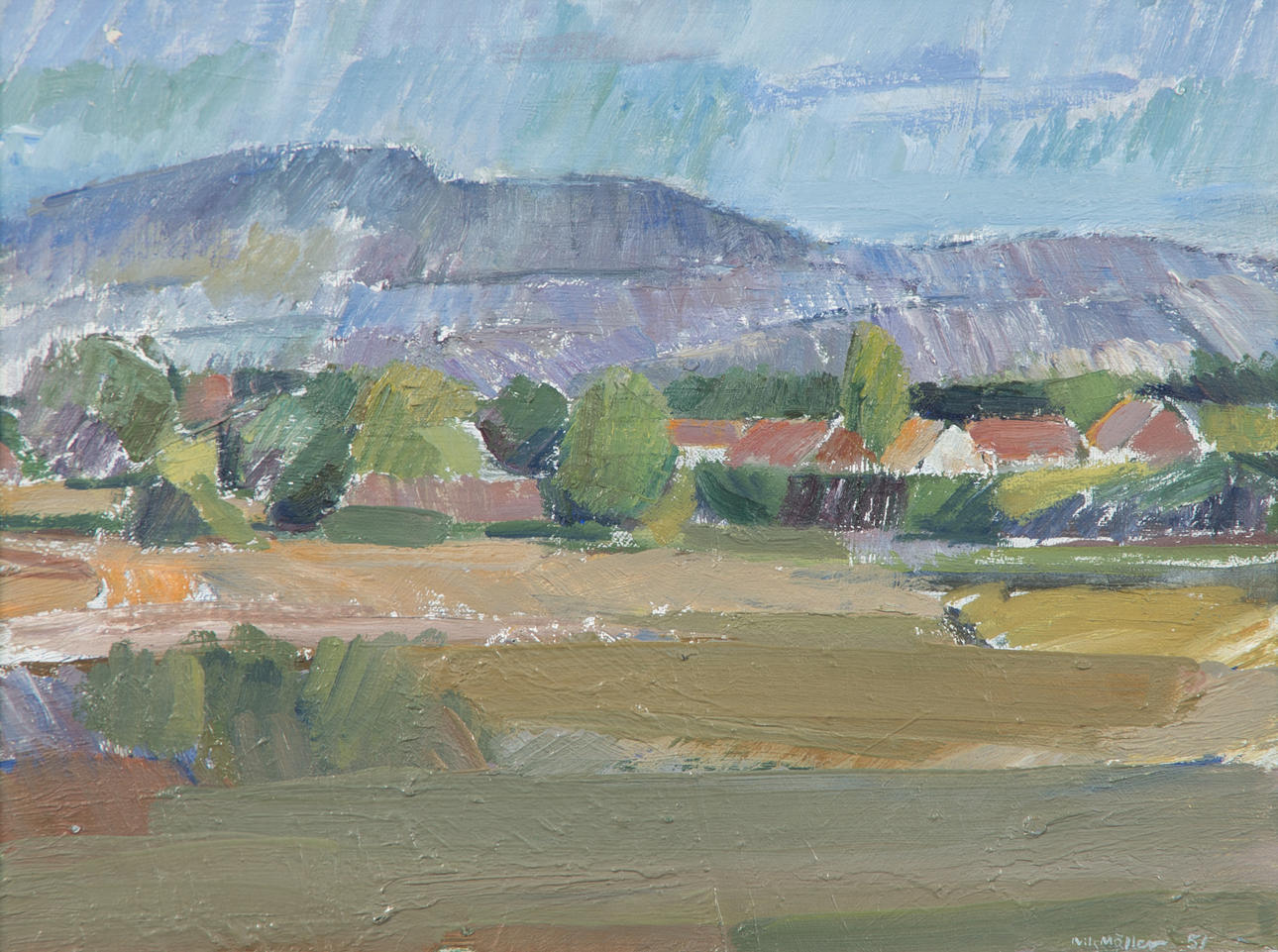 NILS MÖLLER. Kustlandskap med hus, olja på pannå, signerad -51.