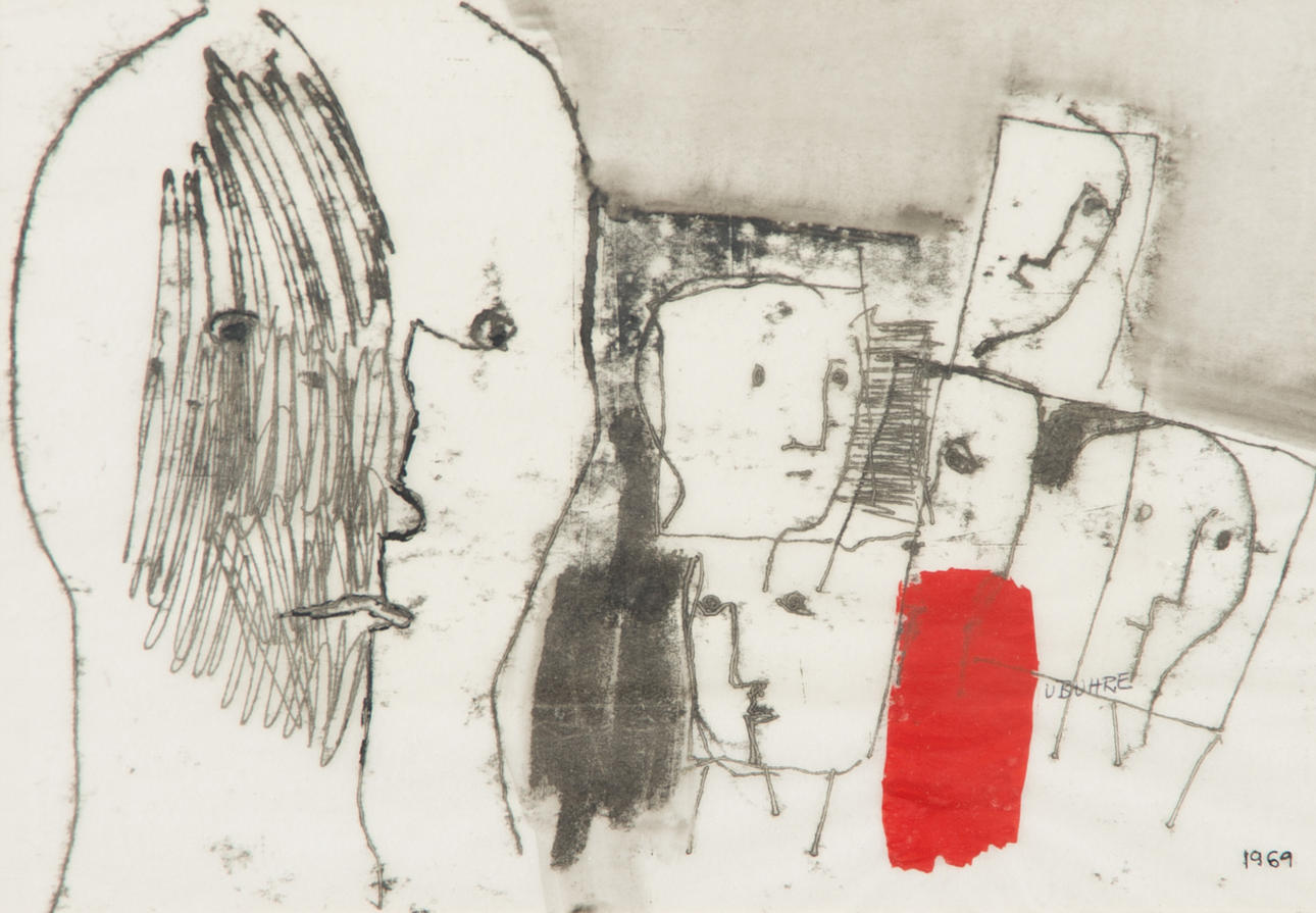 ULLA BUHRE. Komposition med ansikten, blandteknik, signerad U. Buhre 1969.