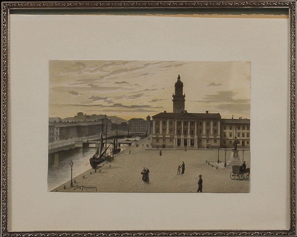 IDA TÖRNSTRÖM. Vy över Gustav Adolfs torg, Göteborg, akvarell, sign.