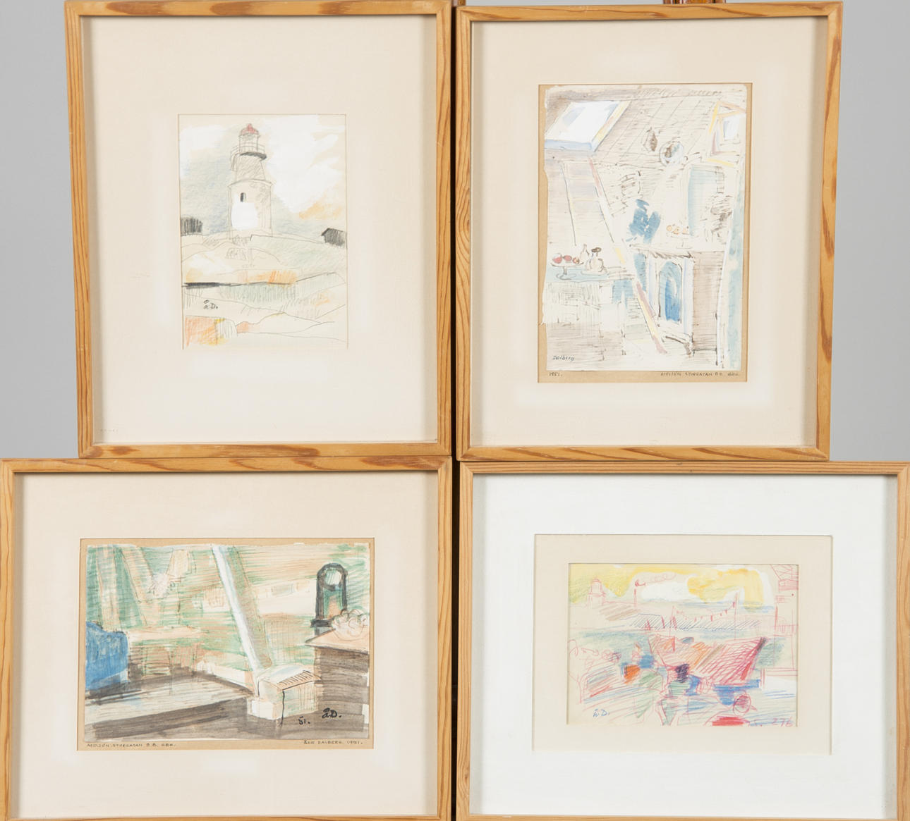 ÅKE DALBERG. Göteborgsmotiv, 4 stycken, teckning/akvarell, signerade.