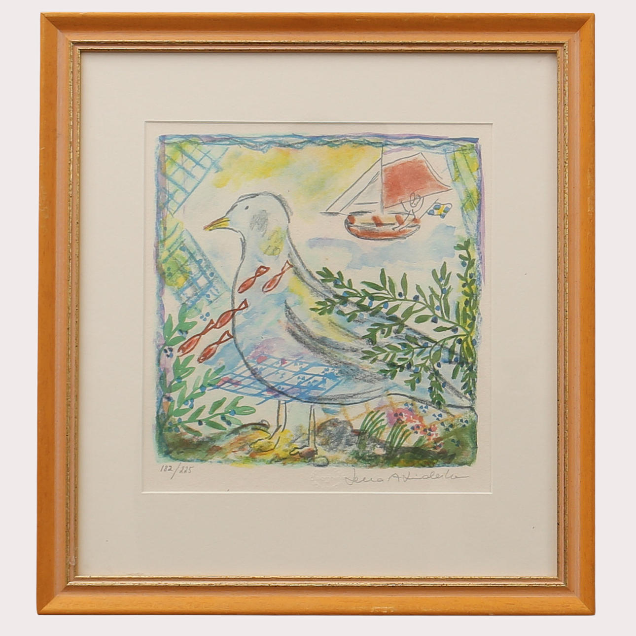 LENA LINDERHOLM. Composition with bird, lithograph, numbered 182/225, signed.