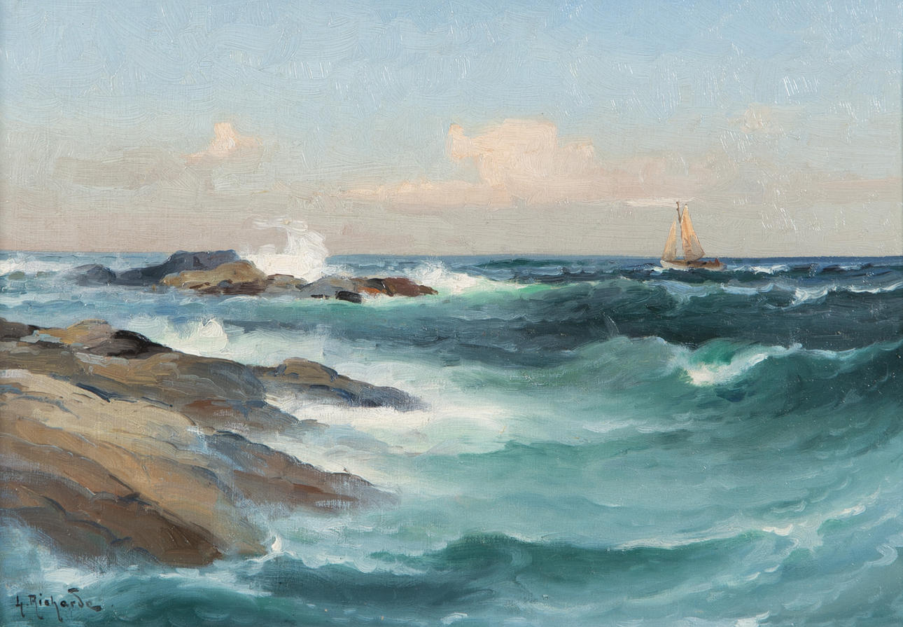 LUDVIG RICHARDE. Kustparti med segelbåt, olja på duk, signerad L. Richarde.