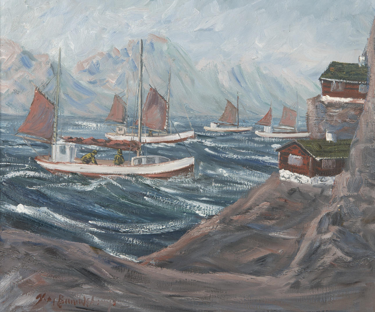 KAJ BRANDSTRUP. Fjordlandskap med fiskebåtar, olja på duk, signerad.
