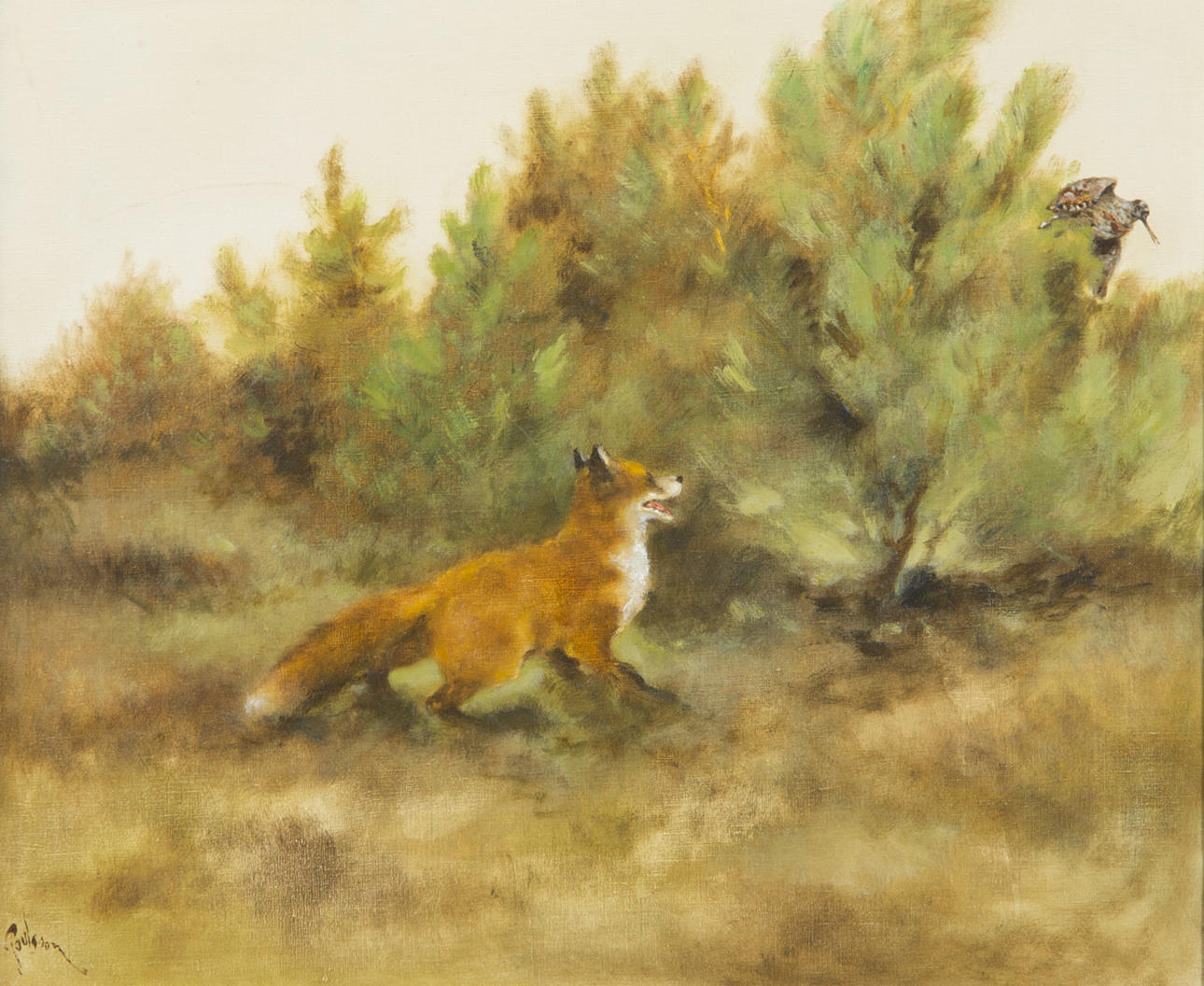 HENNING PAULSSON. Jagande räv, olja på duk, signerad Paulsson.