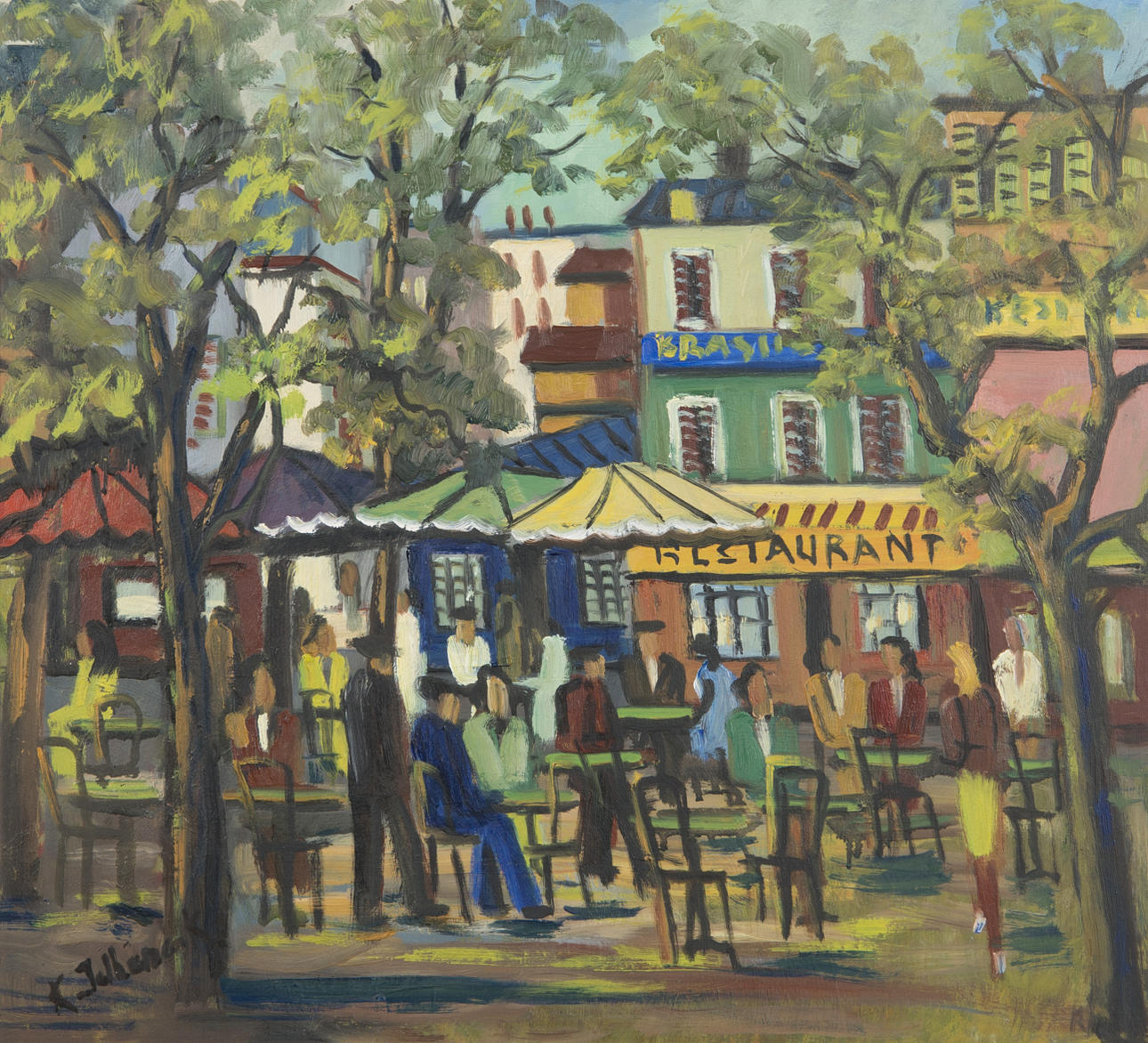 OIDENTIFIERAD KONSTNÄR. Restaurangexteriör, olja på pannå, otydligt signerad.