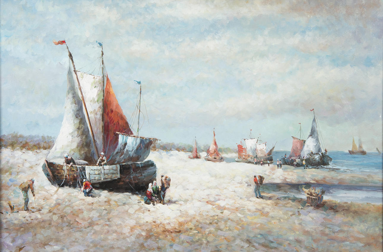 OIDENTIFIERAD KONSTNÄR. Båtar vid ebb, påmålat tryck, osignerad.