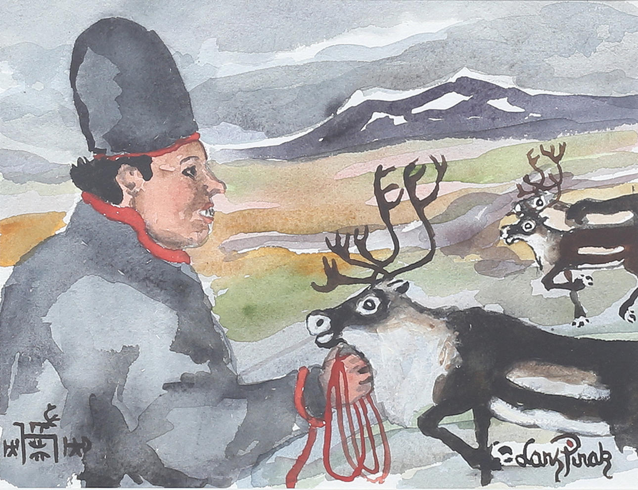 LARS PIRAK. Akvarell, same med renar, signerad.