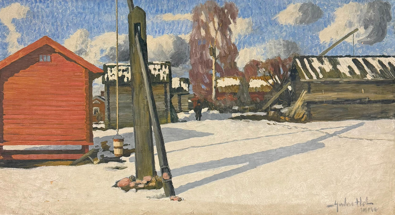 ANDERS HOL. Oljemålning - bymiljö, signerad Anders Hol Mora.