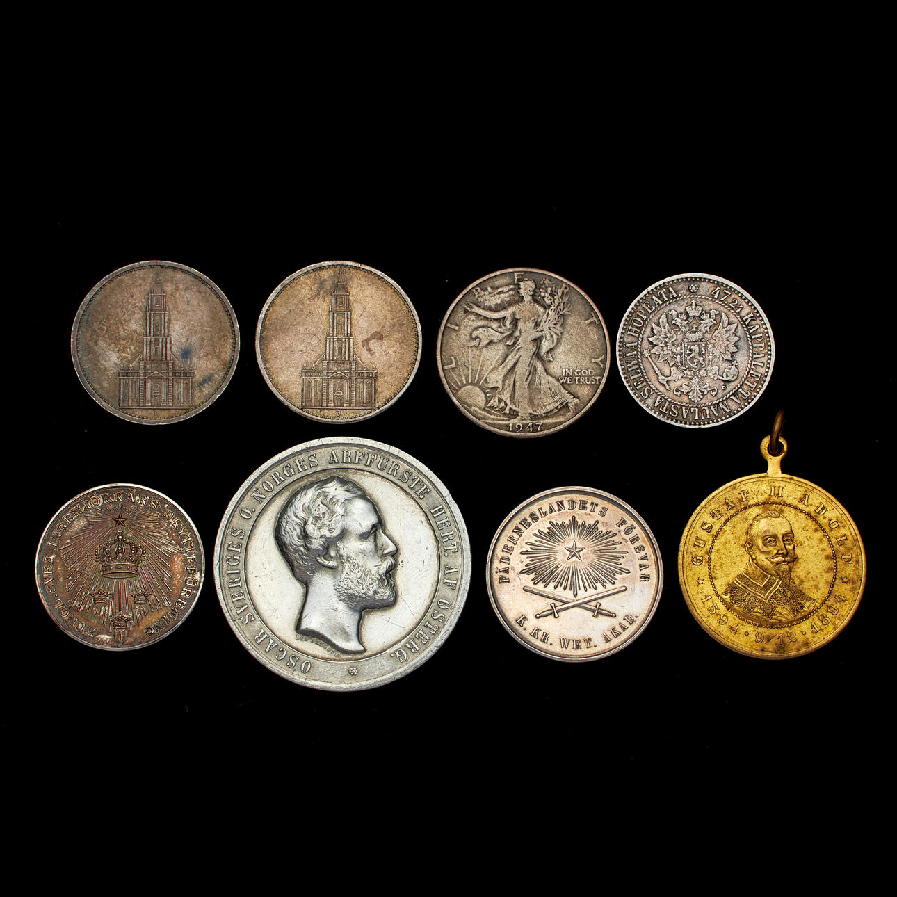 MEDALS and COINS, 8 pcs, 6 pcs in silver, half dollar 1947, German ...