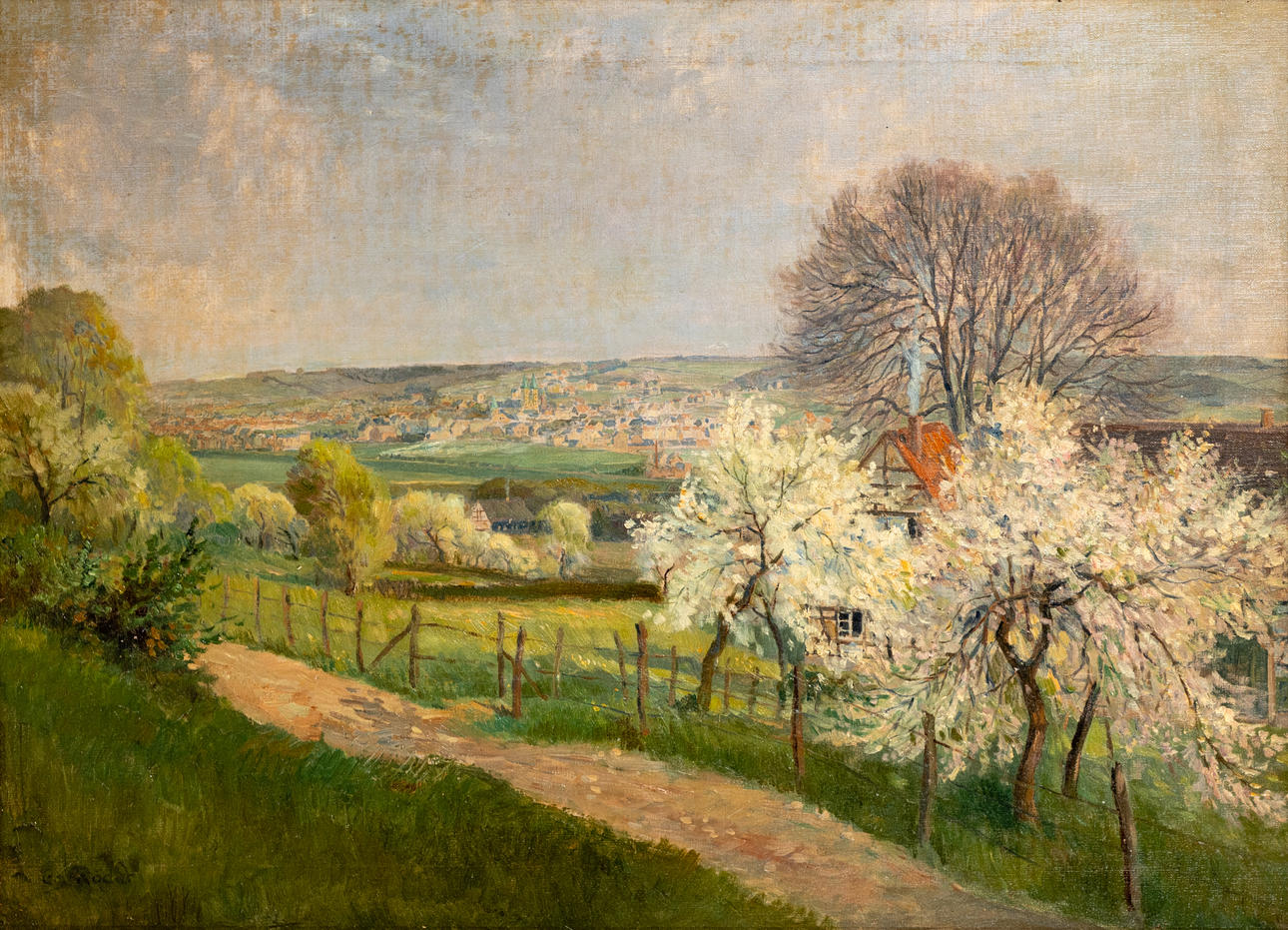 GEORG RÖDER (1867-1958). Landscape with flowering fruit trees. Art ...
