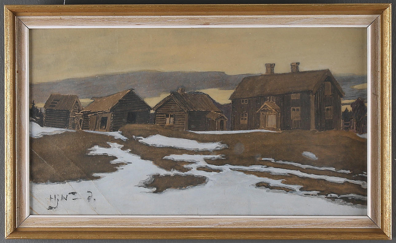 HJALMAR NORDLUND. Gård på fjället, akvarell med täckvit, monogramsignerad.