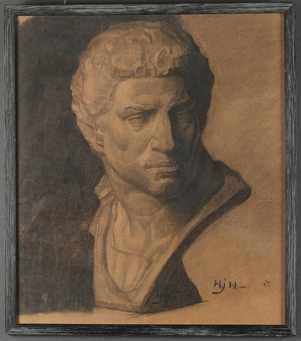 HJALMAR NORDLUND. Byst, kolteckning, monogramsignerad.