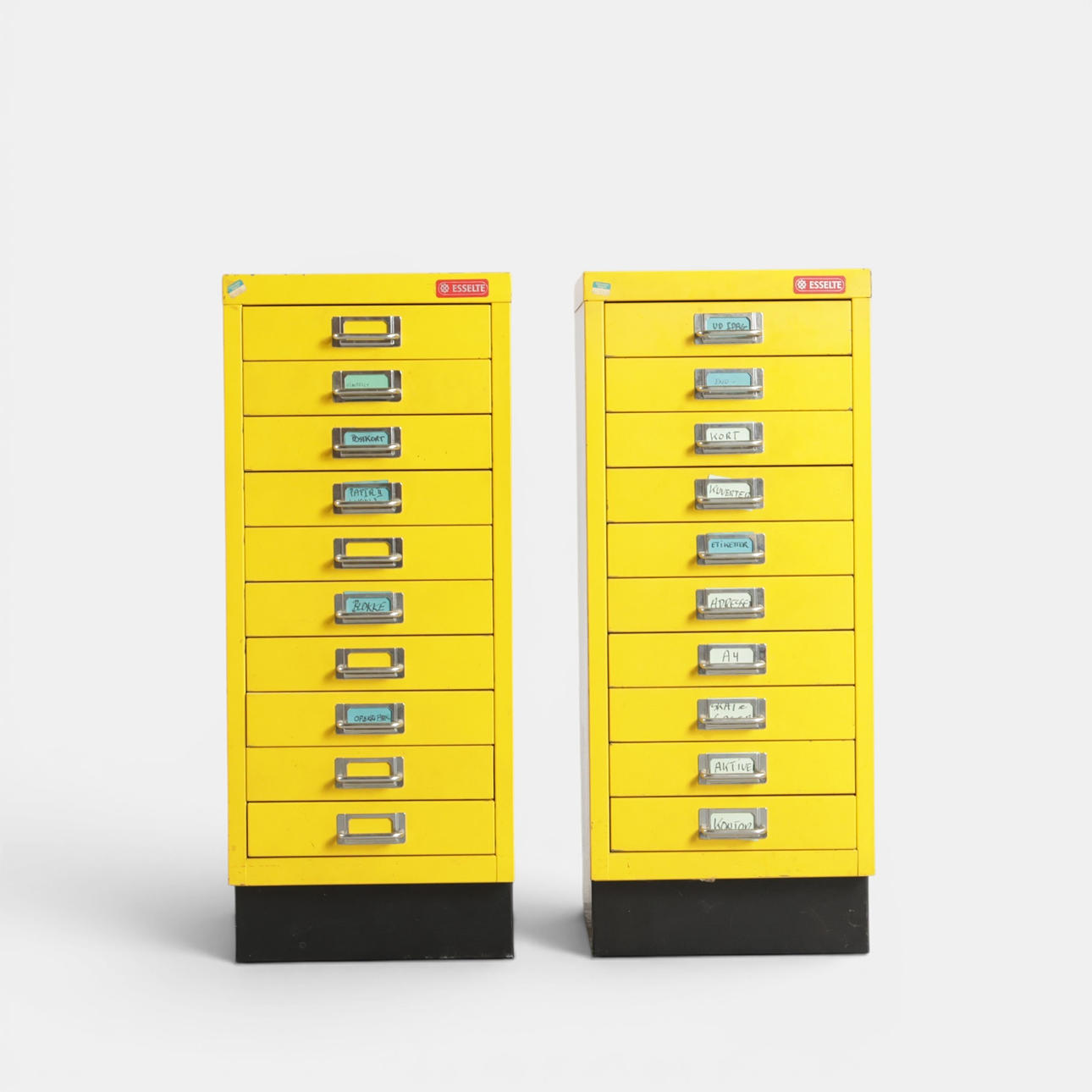 A pair of vintage filing cabinets in gold-lacquered metal, front with ...
