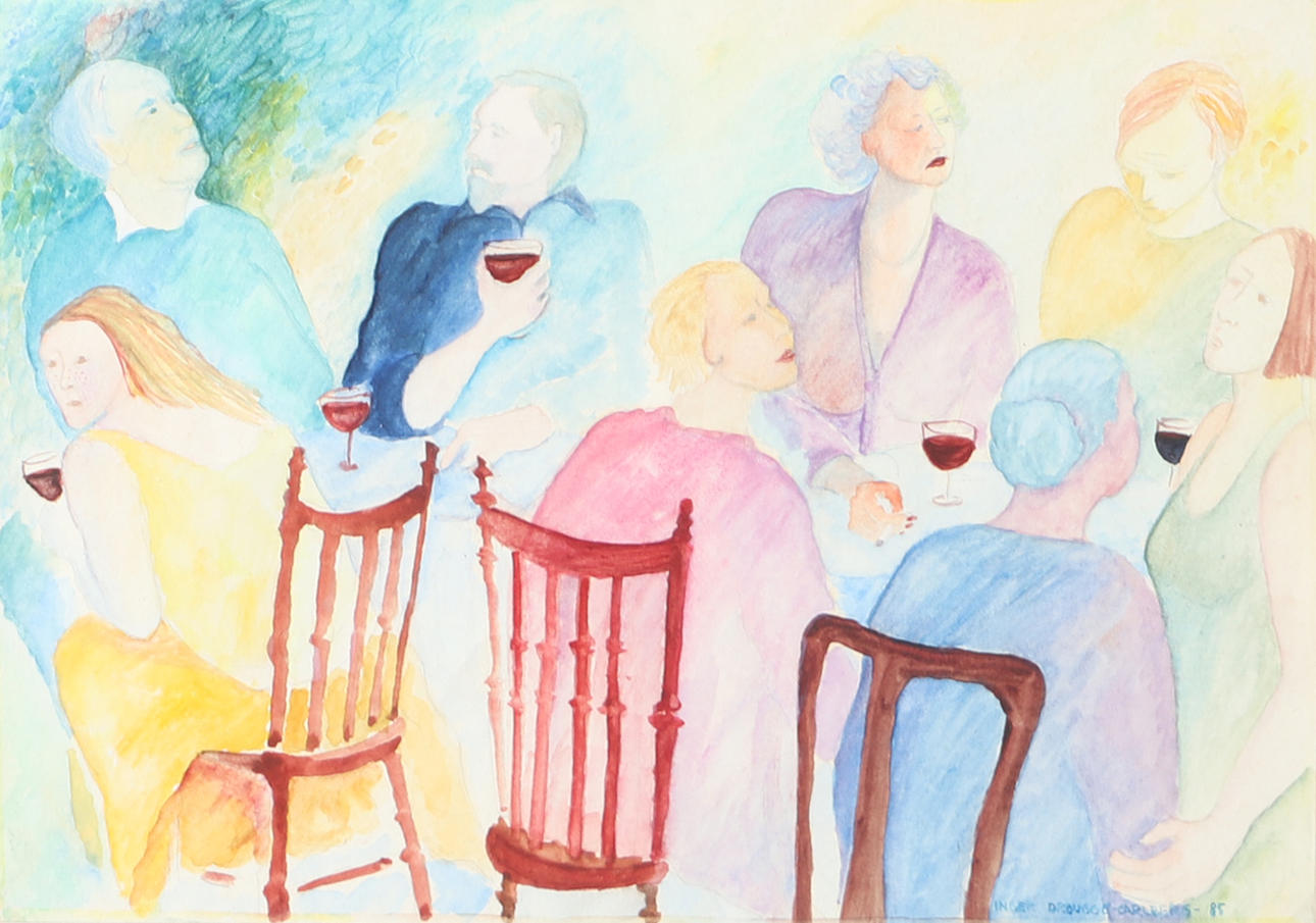 INGER DROUGGE-CARLBERG. Wine drinking, watercolour, signed -85.