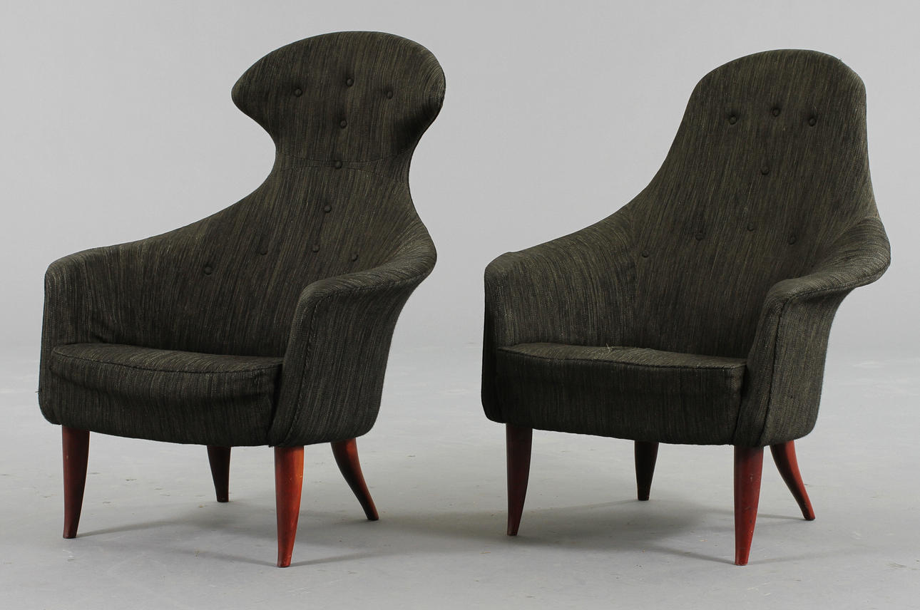 FÅTÖLJER, 2 st, "Stora Adam" samt "Stora Eva" Kerstin Hörlin-Holmquist ur serien Paradiset för Nordiska Kompaniets Triva-serie.