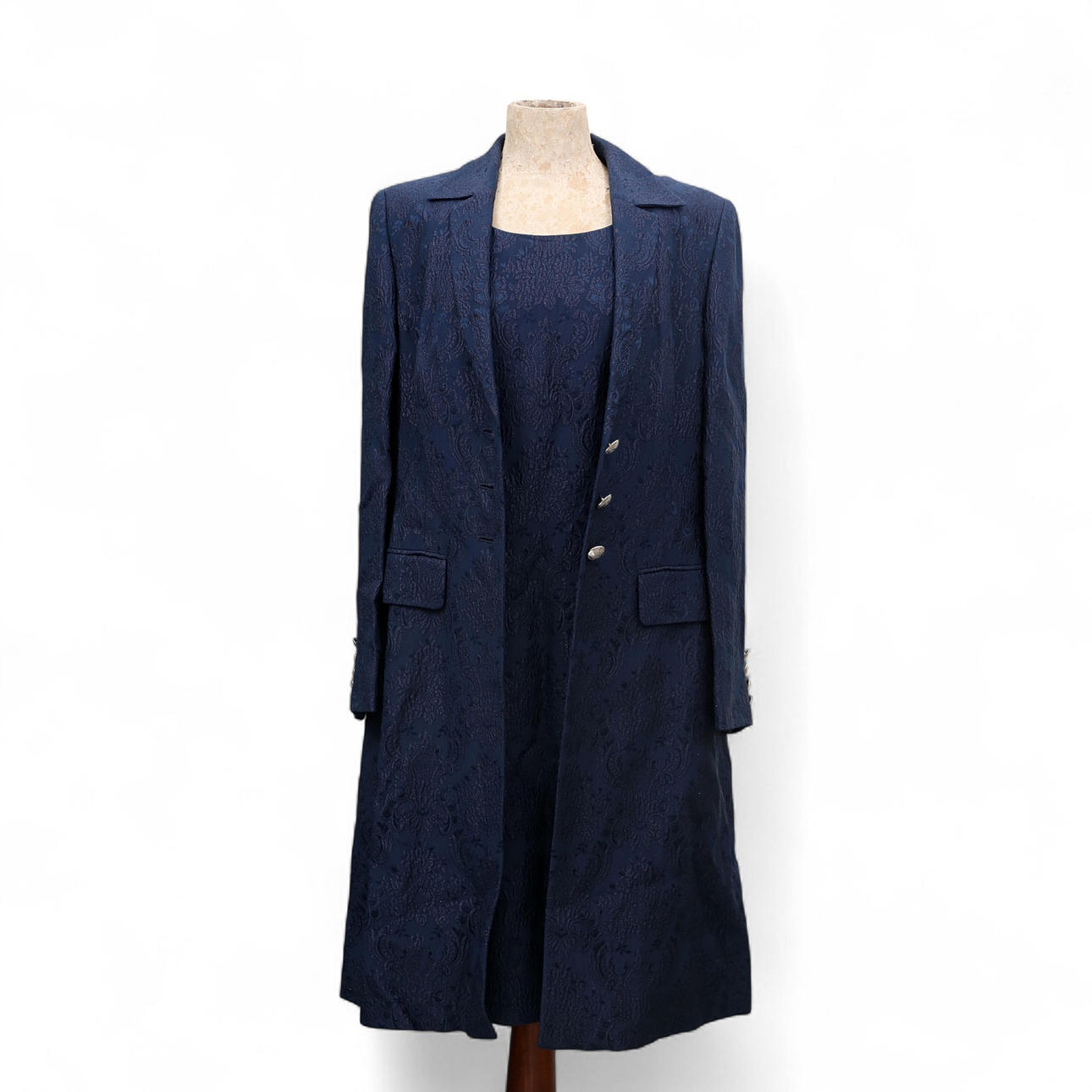 ESCADA. Blue coat and dress set with print. Vintage & Designer Fashion -  Auctionet