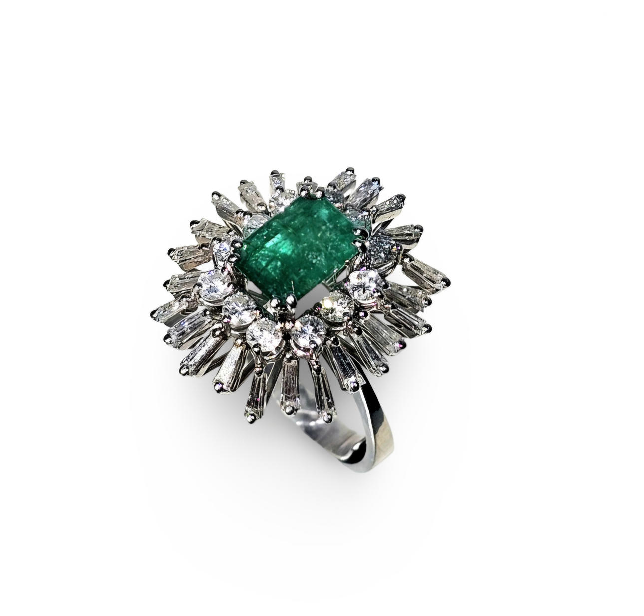 18k white gold ring with emerald surrounded by diamonds.