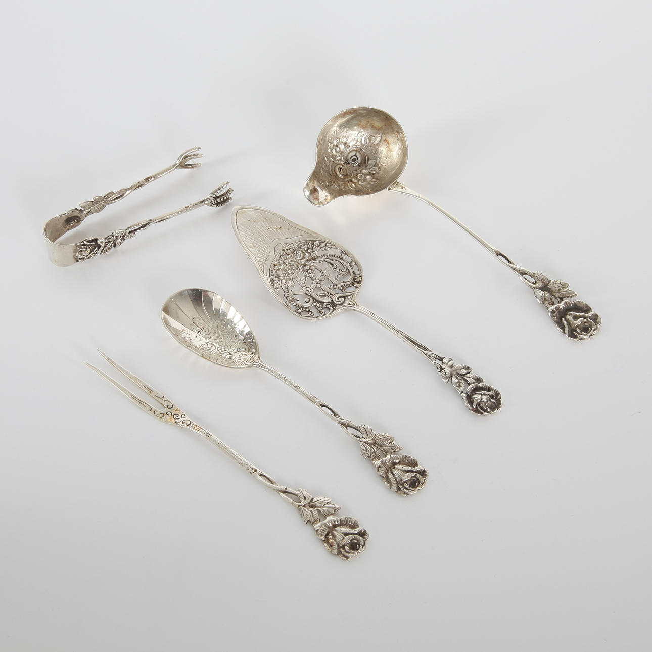SERVISDELAR, 4 delar, silver, "Rosen", 1900-tal.