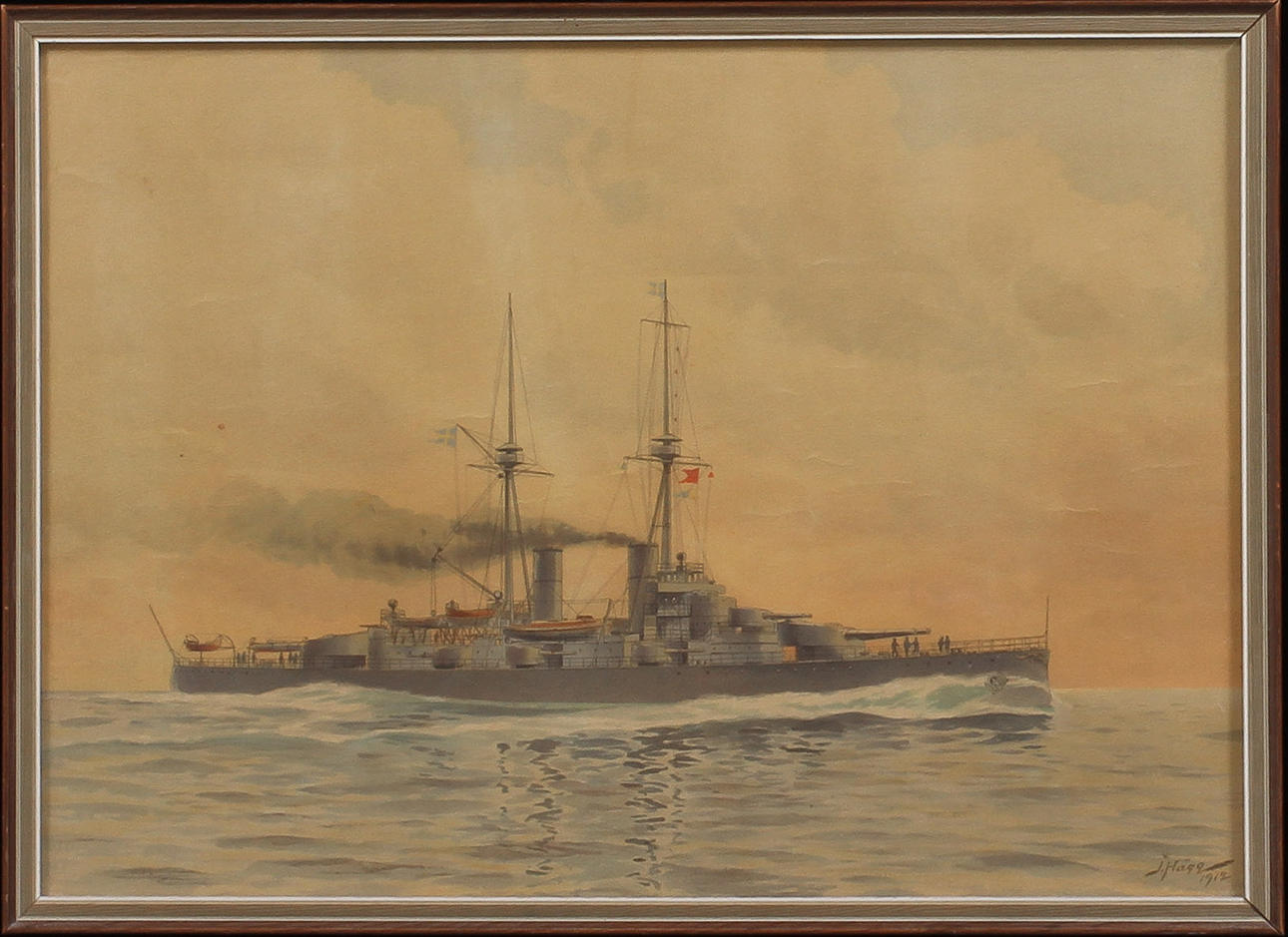 JACOB HÄGG. Pansarskepp, litografiskt tryck, signerad i trycket.