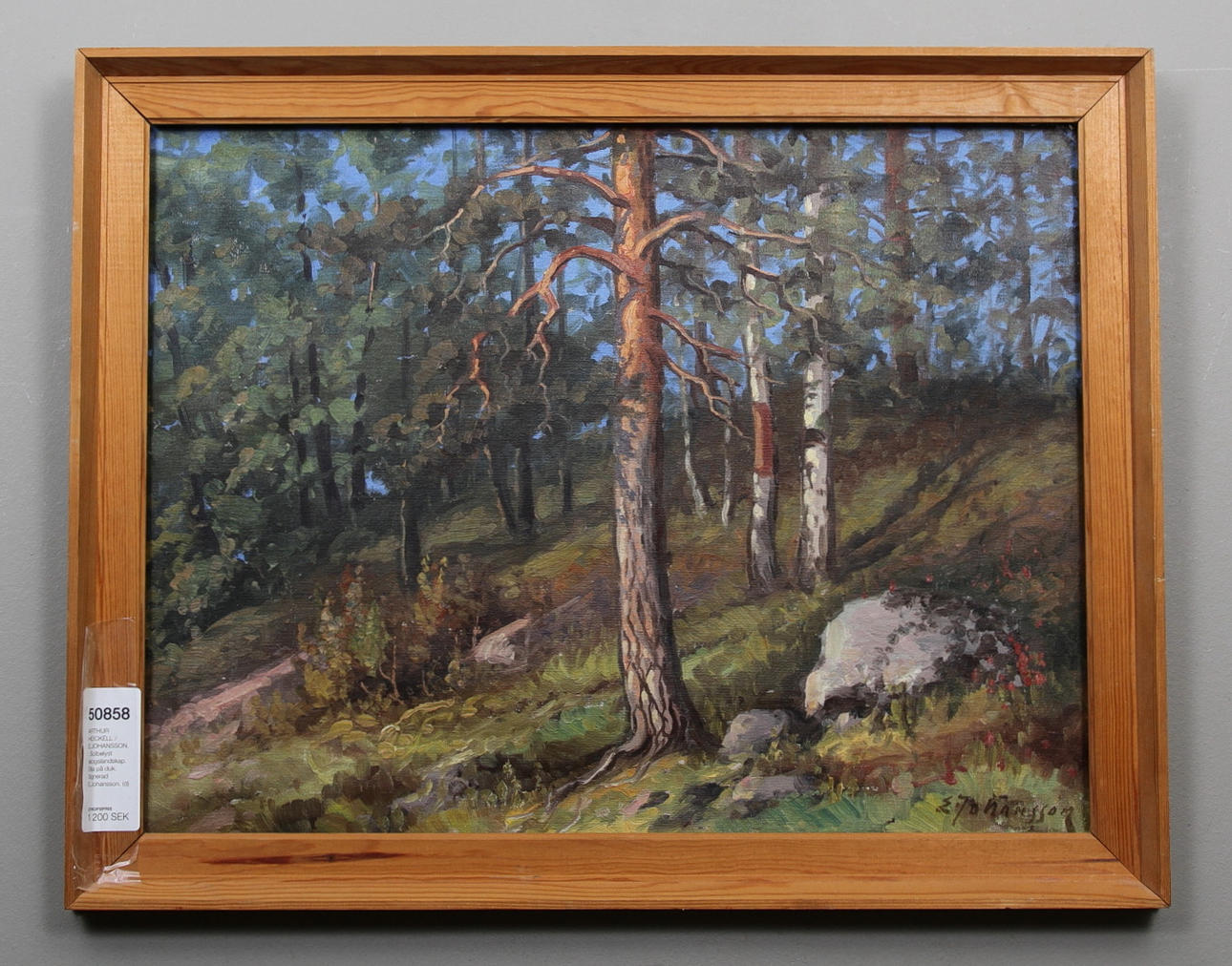 ARTHUR HEICKELL / E.JOHANSSON. Solbelyst skogslandskap. Olja på duk. Signerad E.Johansson.