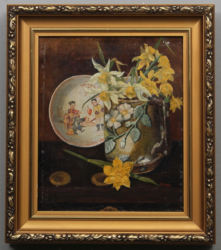 OKÄND KONSTNÄR. Motiv med kinafat och påskliljor. 1800-tal. Olja på duk. Signerad F.M.O.O.