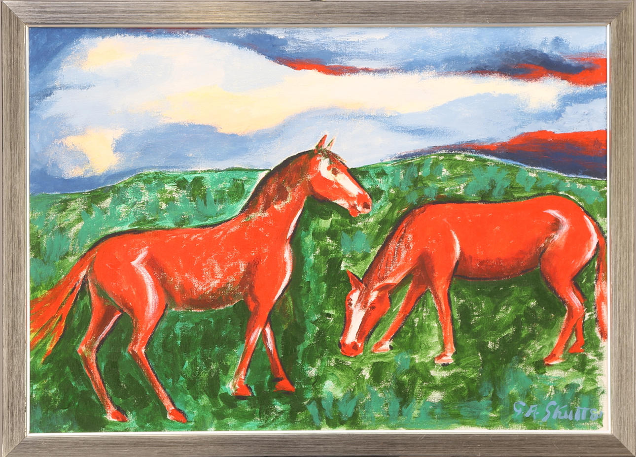 OIDENTIFIERAD KONSTNÄR. TAVLA, olja duk, signerad G.A.Skutte, röda hästar på grönbete.