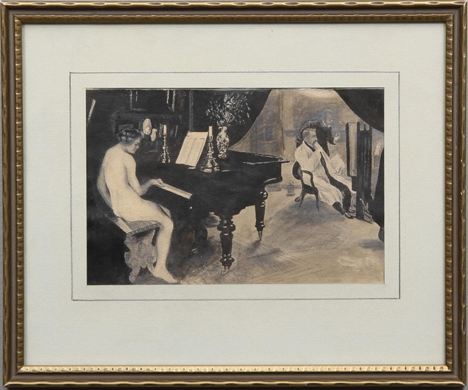 OKÄND KONSTNÄR. TILLSKRIVEN. Interiör med konstnärer och pianospelerska. Lavering.