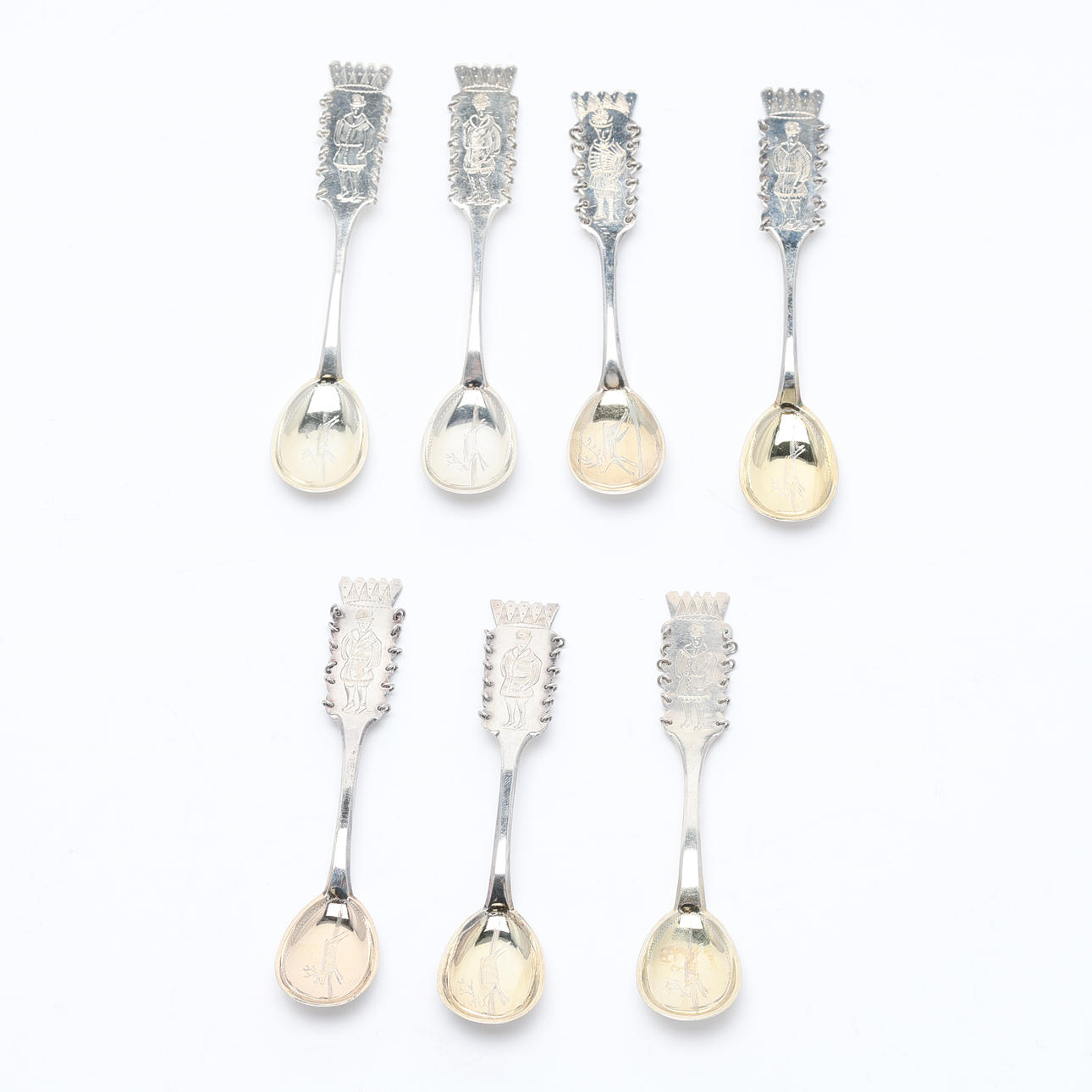 RATTLE SPOONS. 7 pcs, silver, mid-20th century.