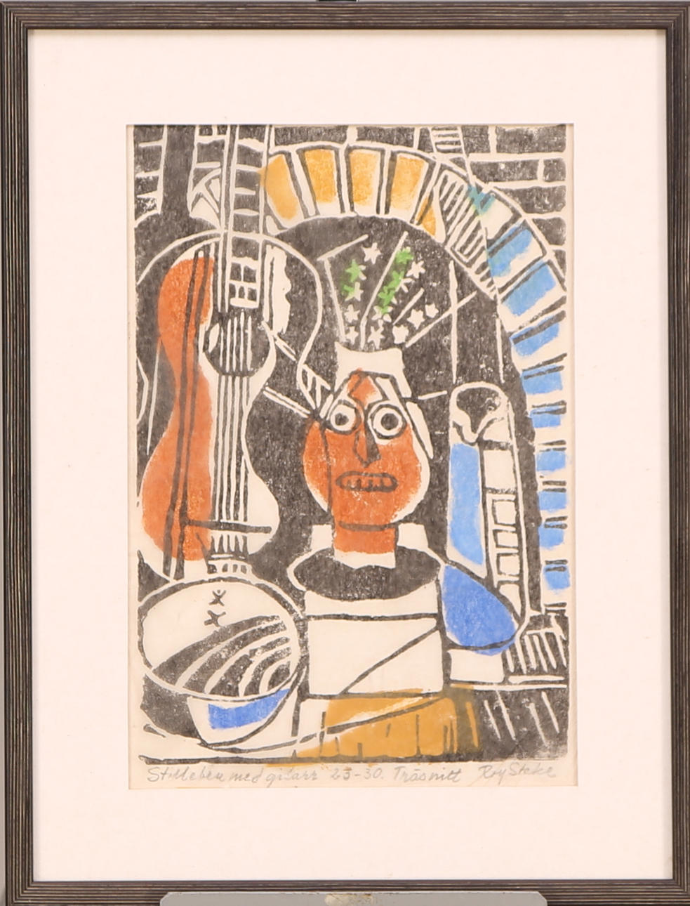 ROY STAKE. TAVLA, träsnitt, signerad Roy Stake, "Stilleben med gitarr 23-30".