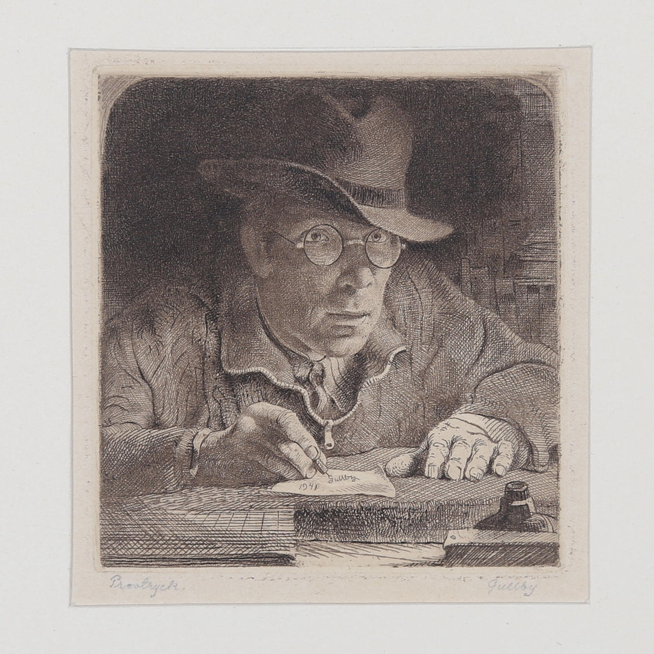 FOLKE GULLBY(1912-1982). "Självporträtt". Etsning, provtryck, 1941.