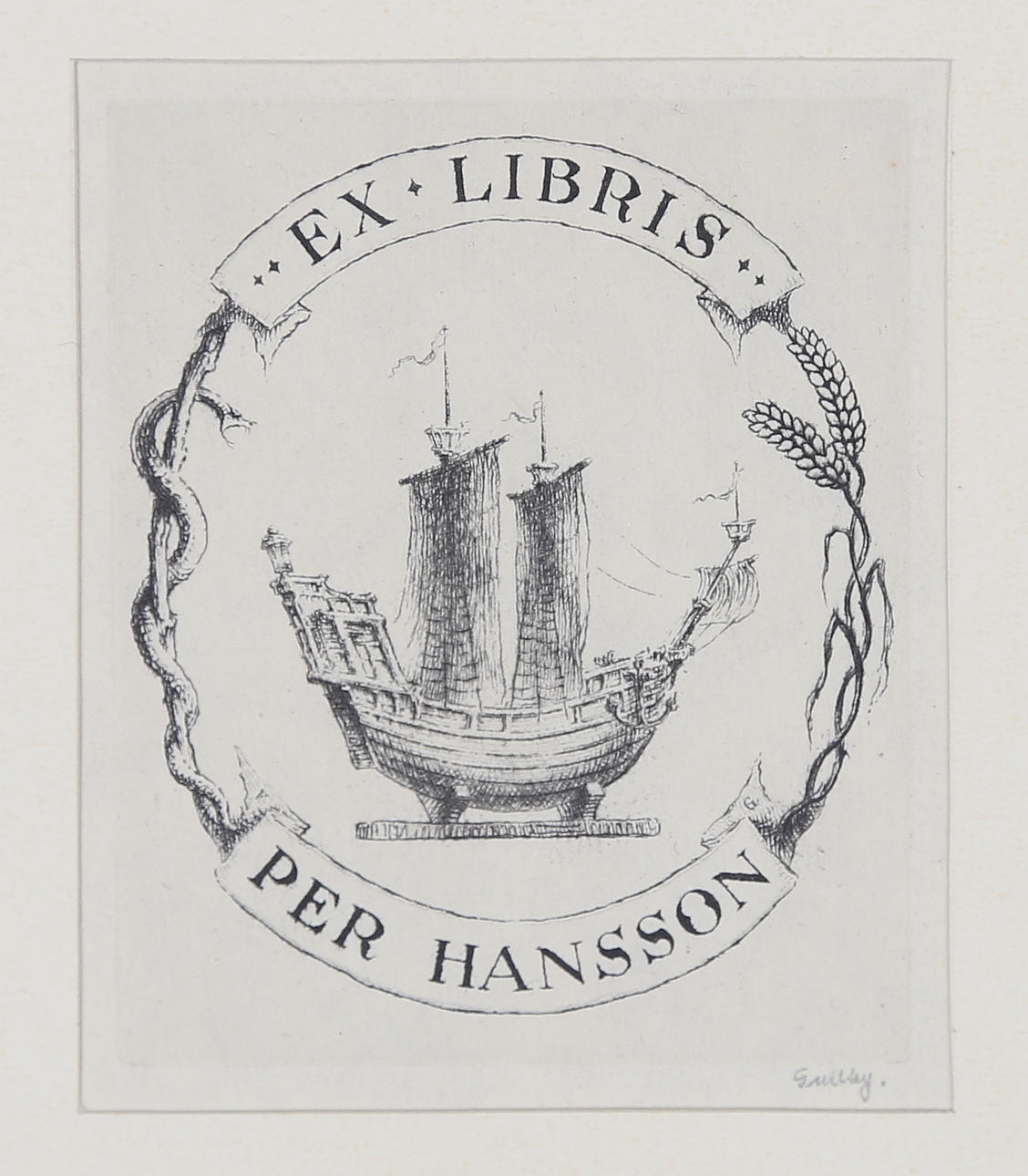 FOLKE GULLBY(1912-1982). "Ex libris Per Hansson". Etsning+torrnål, 1945.