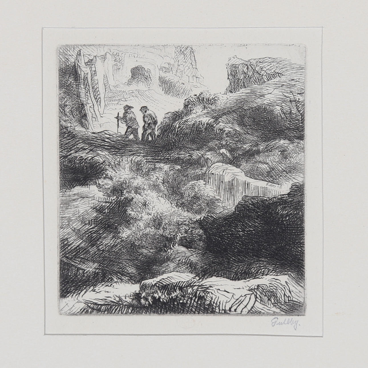 FOLKE GULLBY(1912-1982). "Ruinlandskap". Etsning, 1948.
