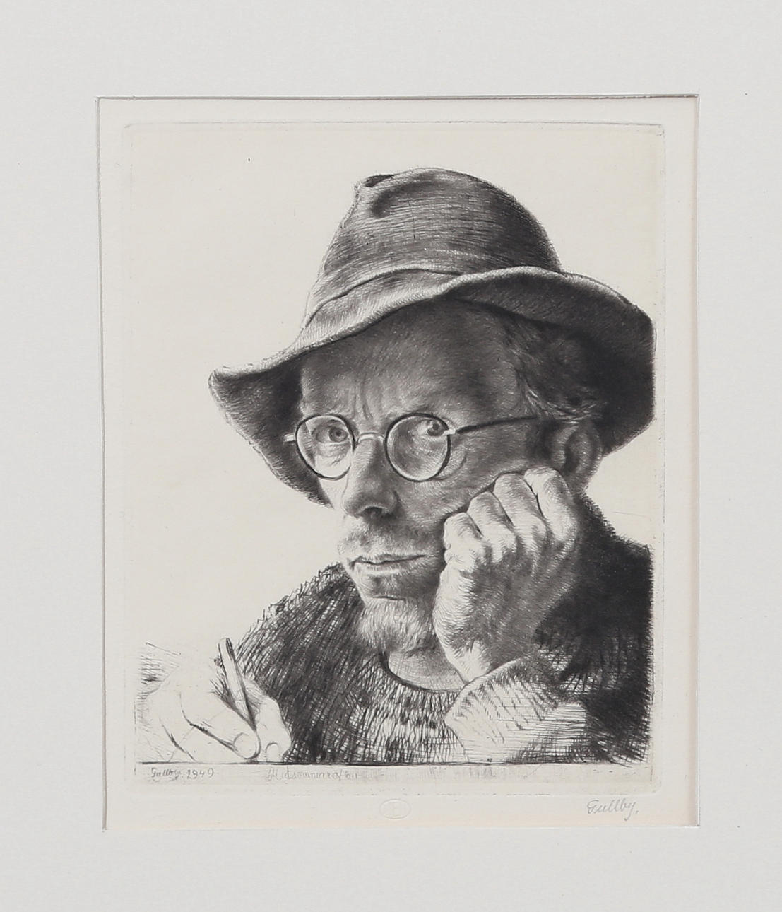 FOLKE GULLBY(1912-1982). "Självporträtt med knuten hand". Etsning+torrnål, 1949.