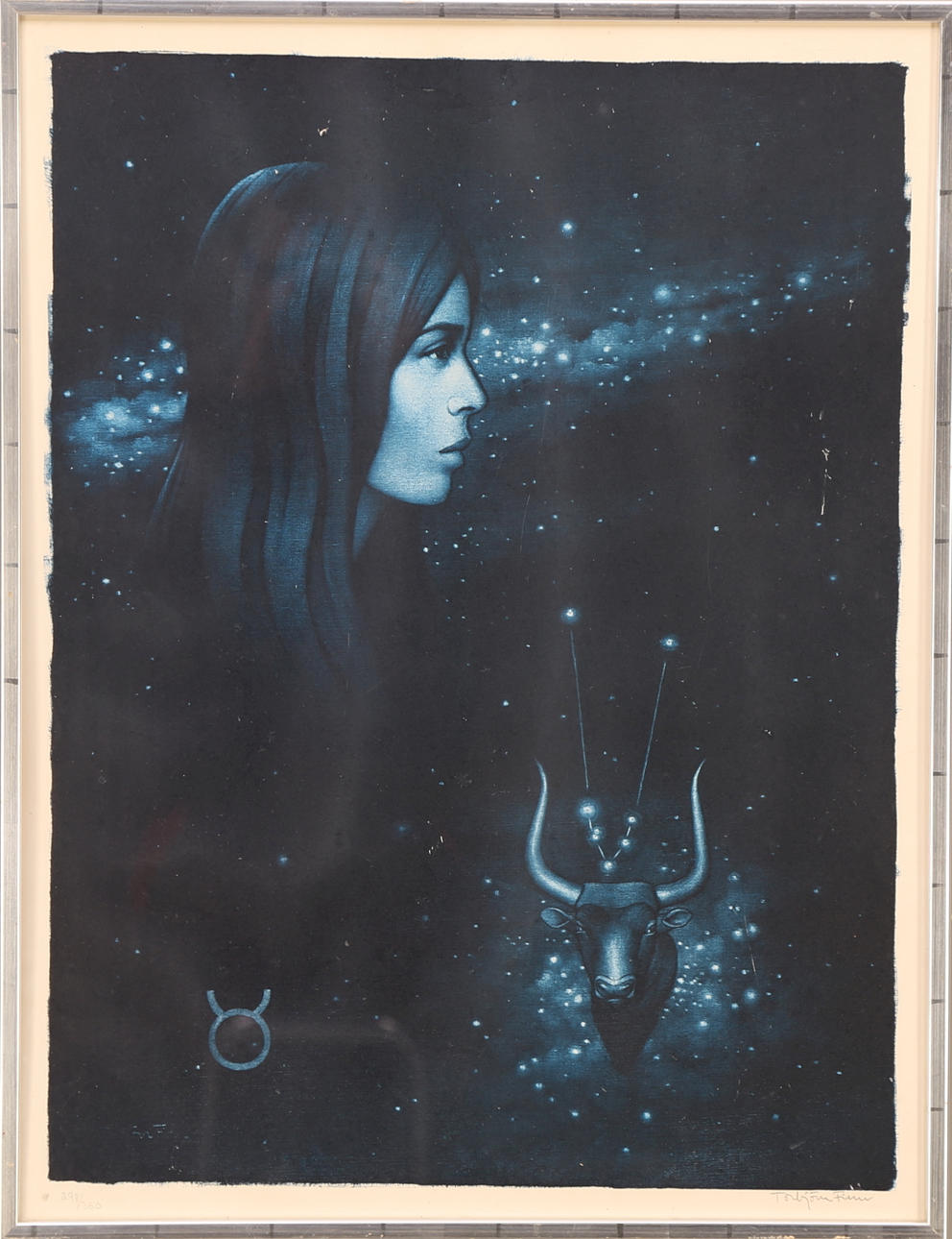 TORBJÖRN FINN. TAVLA, färglitografi 298/360, signerad blyerts Torbjörn Finn, komposition flicka / tjur.