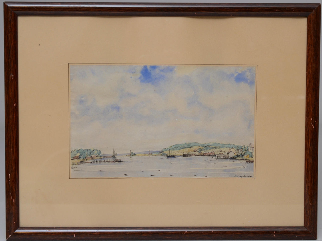 HILDING BOSSLER. UTISKT ÖVER GAMLEBY HAMN, gouache.