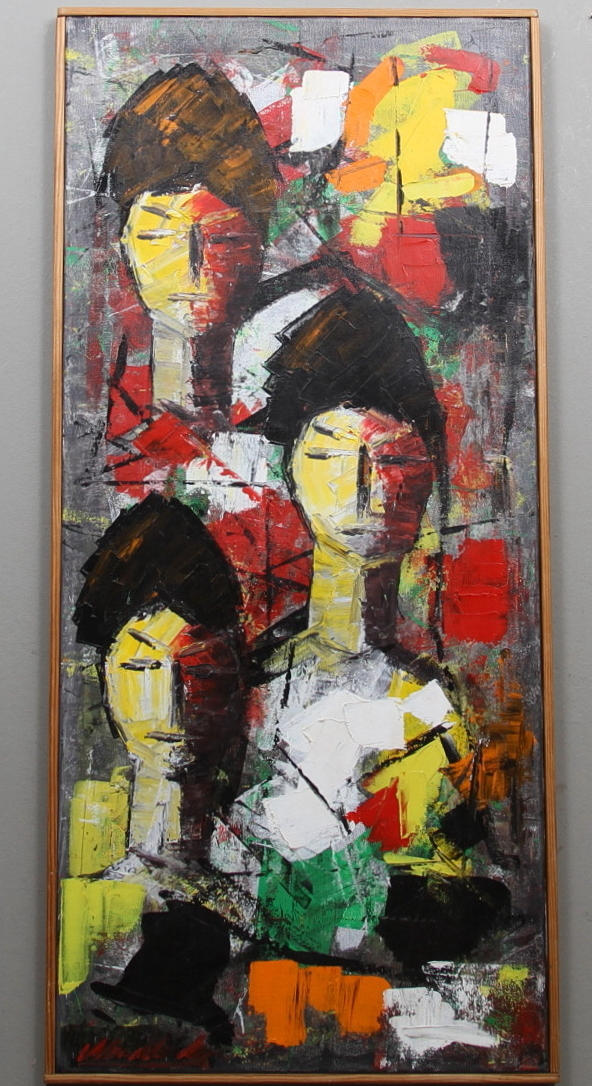 OKÄND KONSTNÄR. Komposition med tre kvinnoansikten. Olja på duk. Signerad.