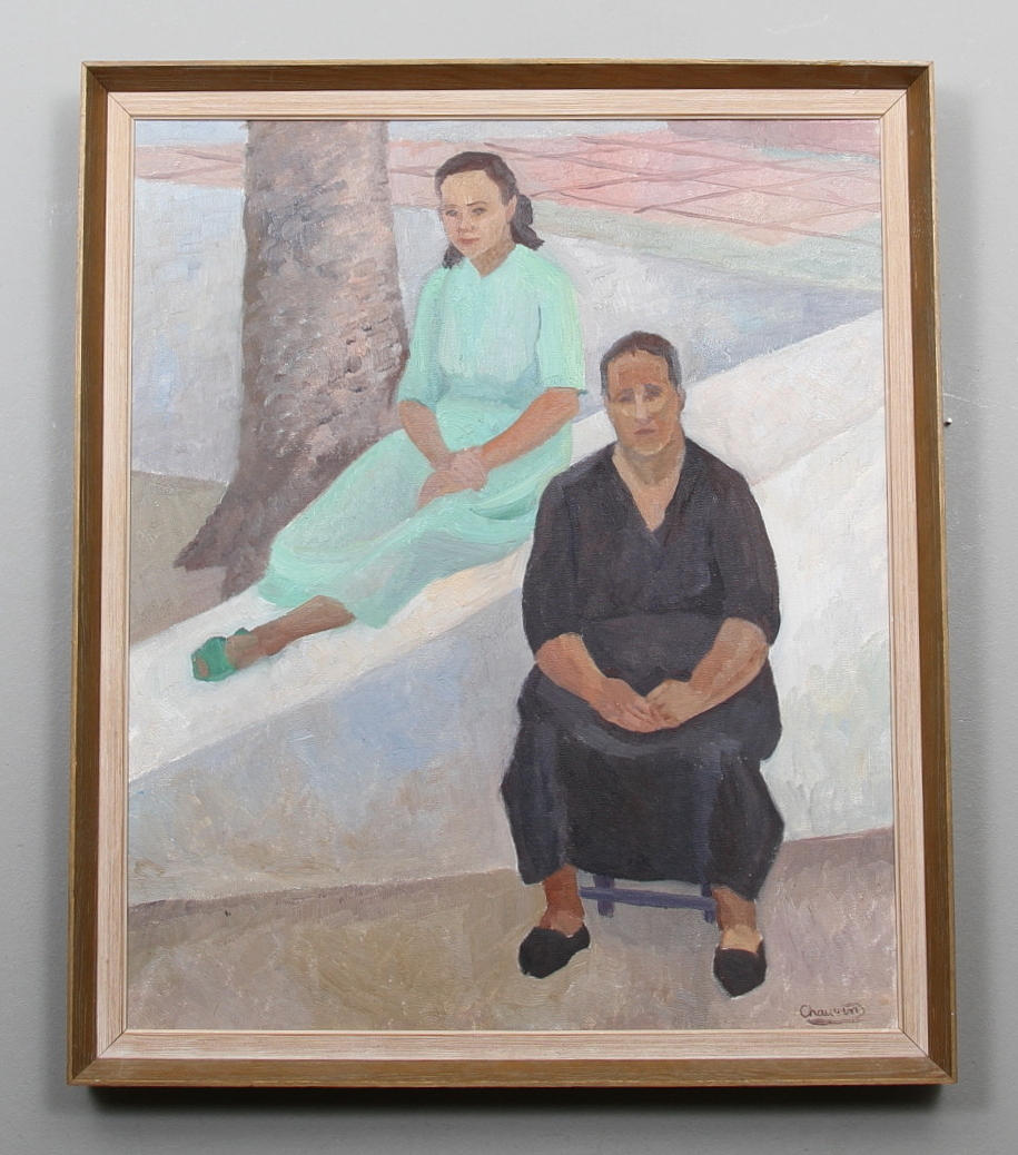 ENID CHAUVIN. Kvinnor vid mur. Olja på duk. Signerad Chauvin.