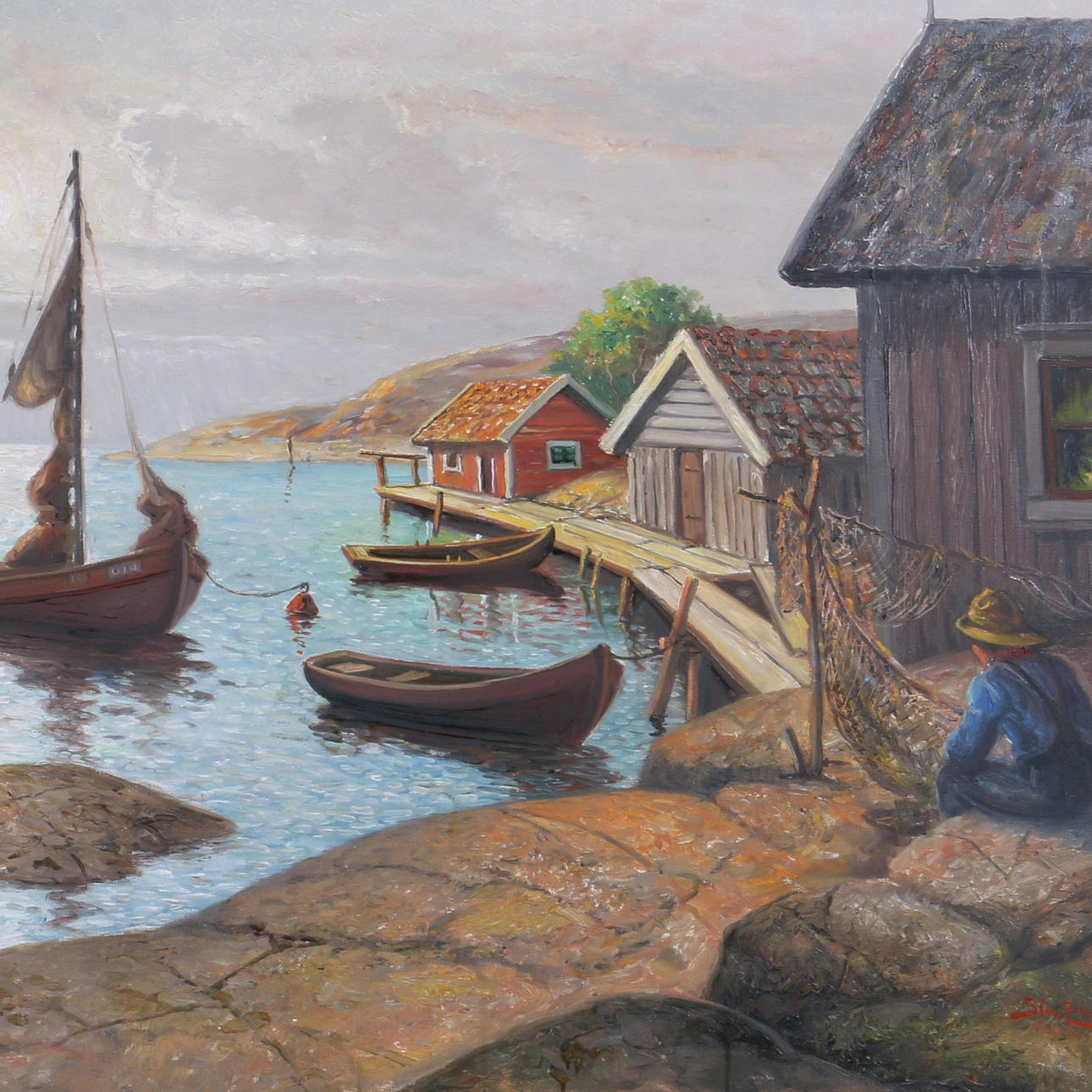 STEN EKENDAHL. Olja på duk, Fiskare vid havet, signerad.