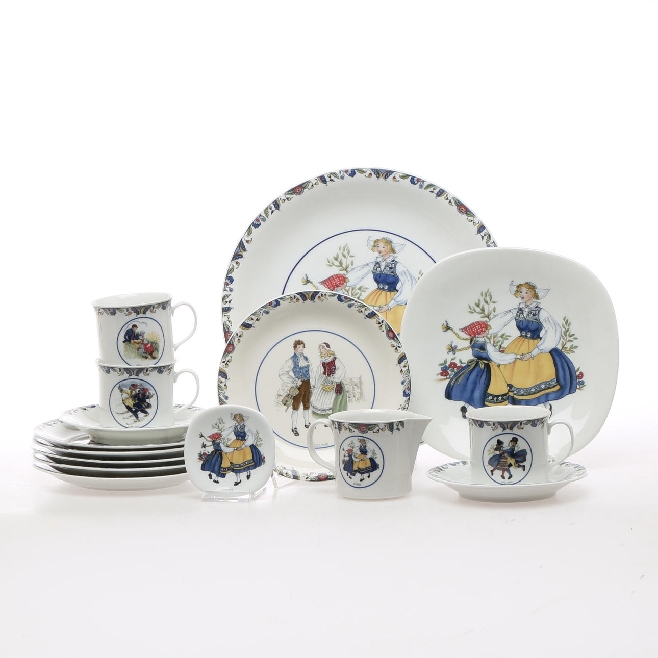 SERVISDELAR, 11 delar, porslin, Svenska landskapsdräkter samt Sverigedräkten, Rörstrand.