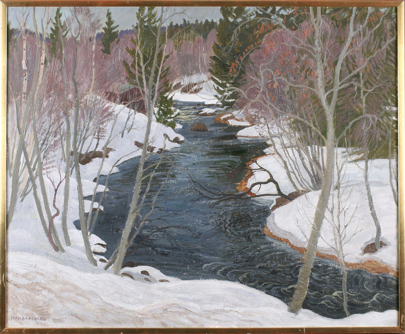 IVAN BERGDAHL. "Vårvinter vid Hegumsån", olja på duk, signerad och daterad -81.