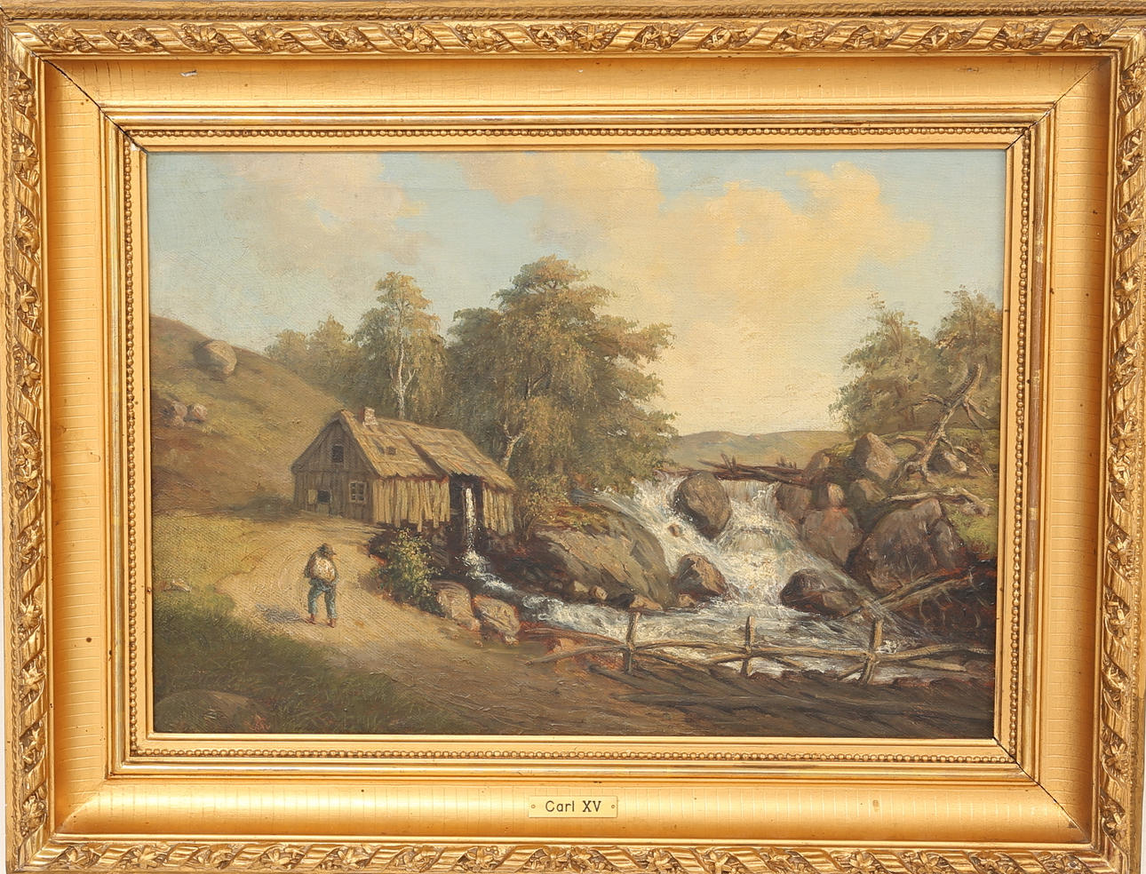 CARL XV. Olja pannå, "Skvaltkvarn", monogramsignerad Cxv.