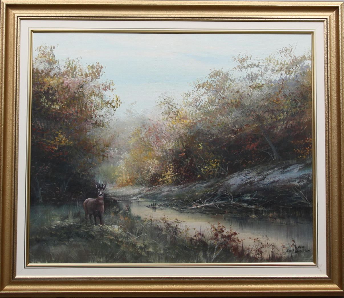 ARNE ANDERSSON. Råbock i höstlandskap. Olja på duk. Signerad Arne Andersson.
