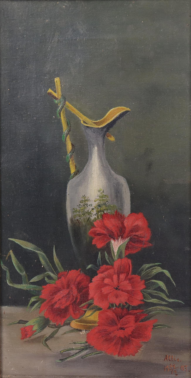 olja på duk, blomsterstilleben.